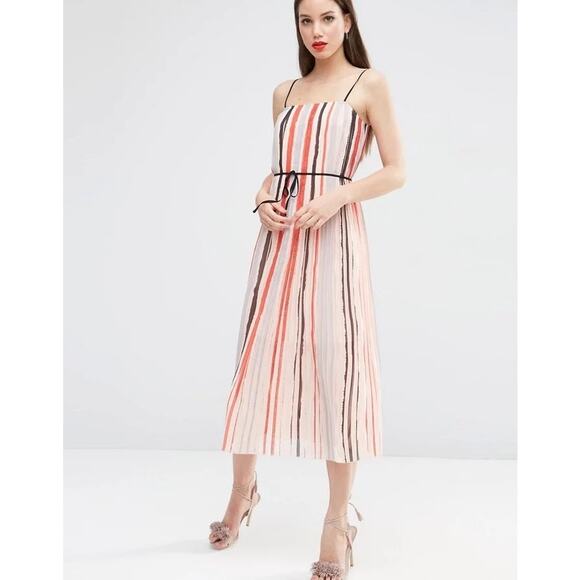 ASOS Multicolor Pleated Spaghetti Strap Button Closure Belted Lined Midi Dress - Picture 11 of 11